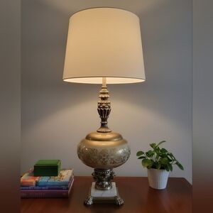 Large Vintage Hollywood Regency Table Lamp | Gold Gilt Glass & Marble Base | 30"